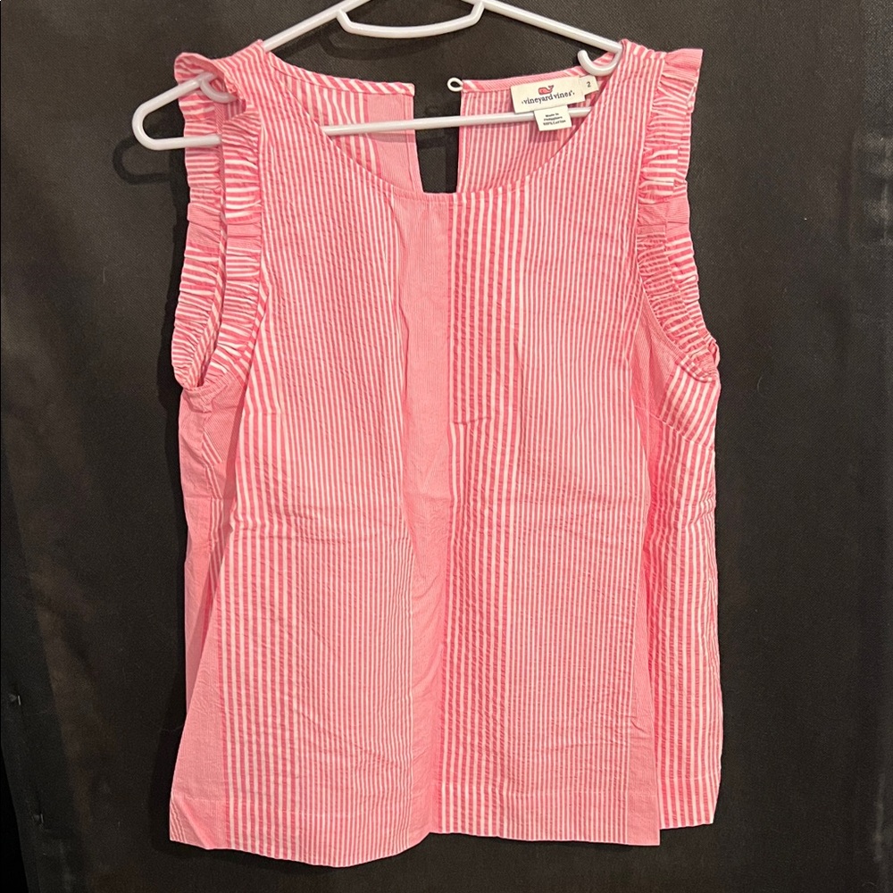 Vineyard Vines Pink Striped Ruffle Blouse